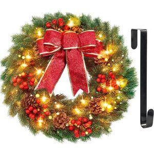 17’’ Christmas Wreath with 40 LED Lights & Hanger - Pre-Lit Lighted Christmas